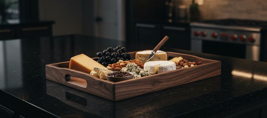 ظروف پذیرایی لوکس و تخته سرو ساخته شده از چوب گردو تیره