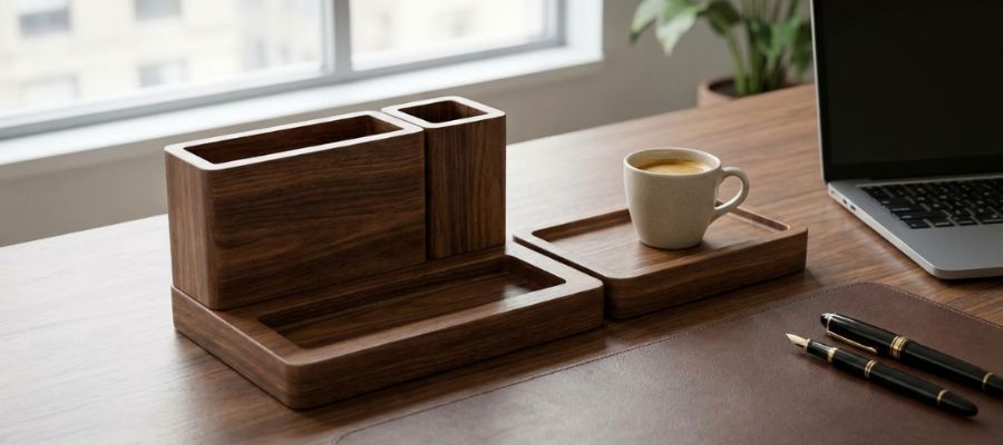 نظمدهنده و اکسسوری چوبی لوکس روی میز مدیریت