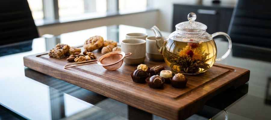 نمای نزدیک از کیفیت ظروف چوبی روی میز دفتر کار شیشهای