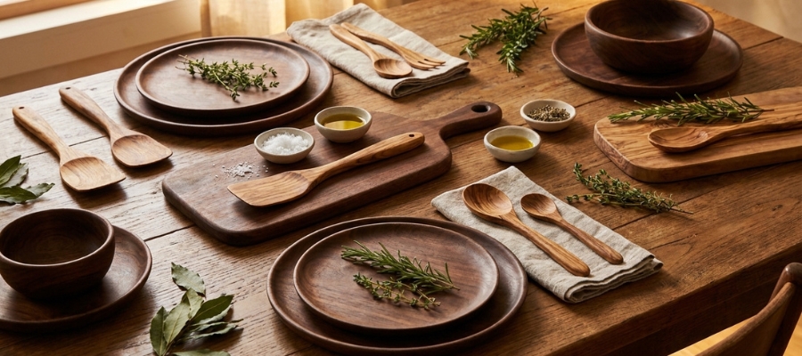 چیدمان زیبای ظروف چوبی لوکس و سالم روی میز غذاخوری