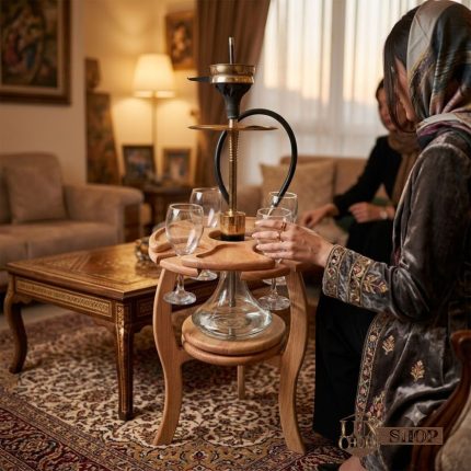 میز قلیون چوبی چرخ دار همراه با 2 سینی اردو خوری _ استند چوبی قلیان کد 110008 (2)